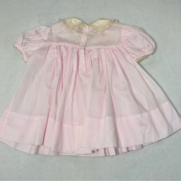 Vintage Baby Pink Lace Embroidered Baby Girl Dress Peter Pan Collar Puff Sleeves - Picture 5 of 6